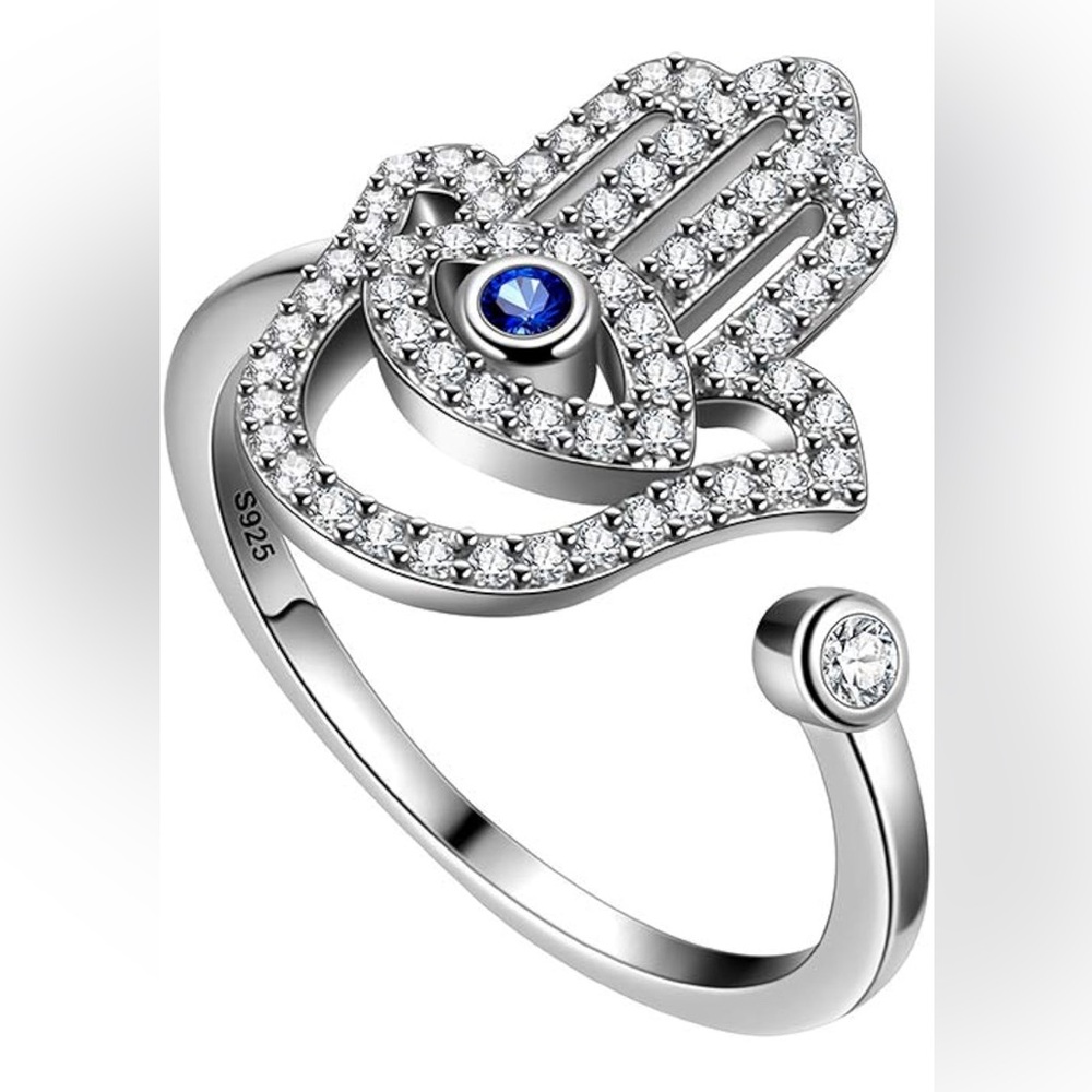 925 Sterling Silver Cubic Zirconia Hamsa Adjustable Ring